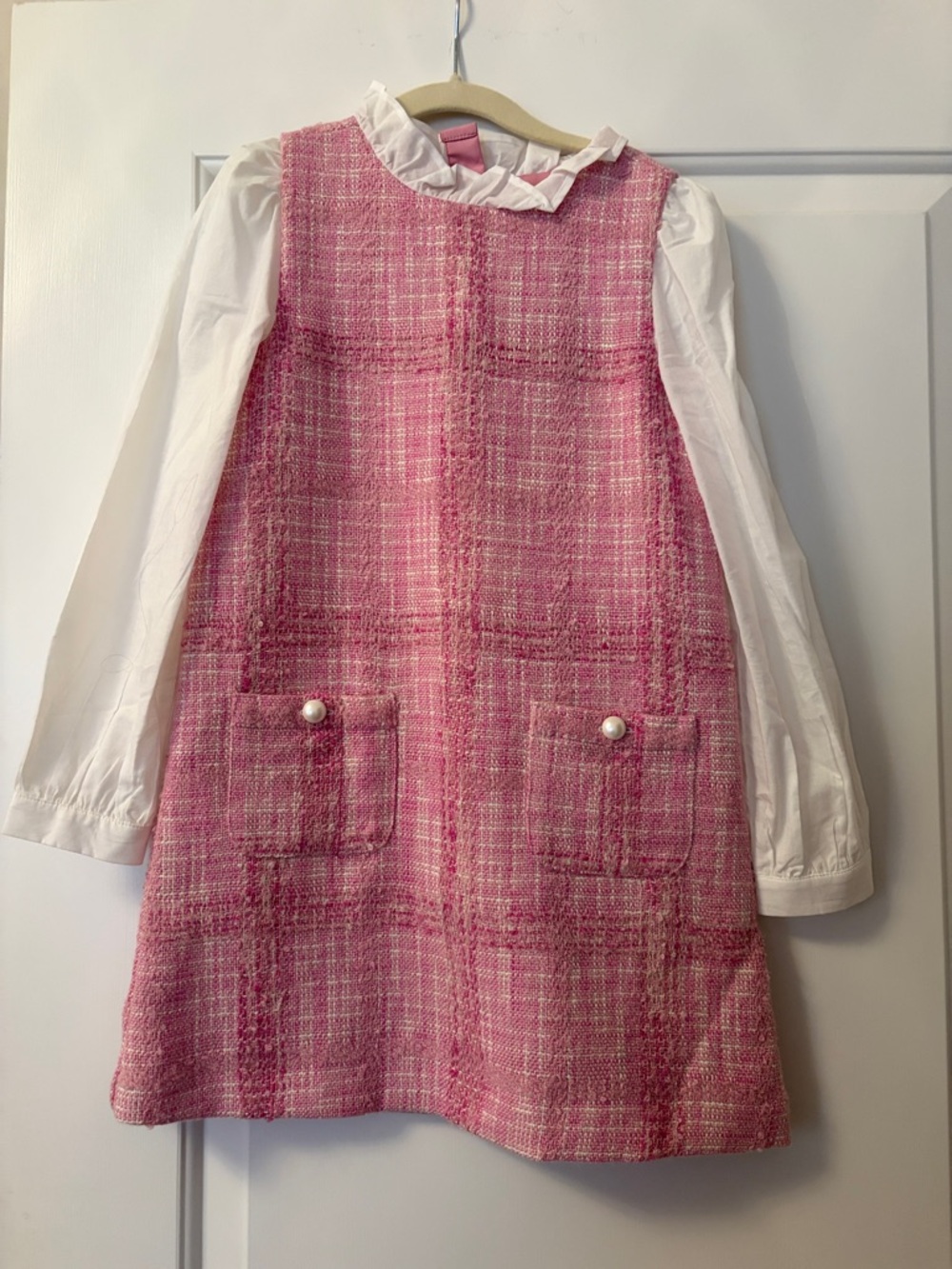 Janie and Jack Pink Tweed Pocket Dress with attached White Blouse 7